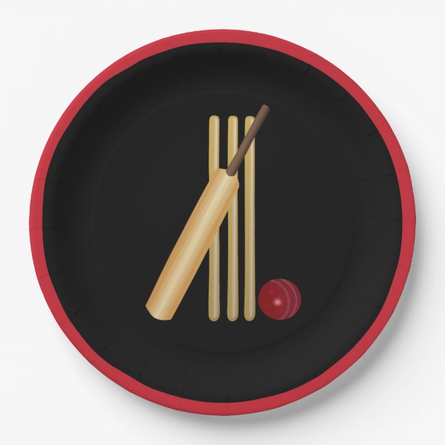 Cricket, wicket, bat and ball paper plates (Front)