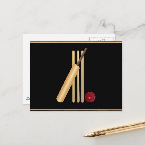 Cricket wicket bat and ball postcard