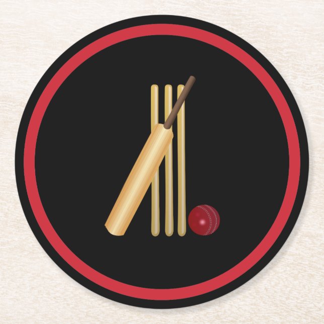 Cricket, wicket, bat and ball round paper coaster (Front)