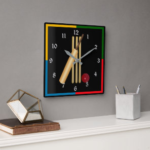 Cricket, wicket, bat and ball square wall clock