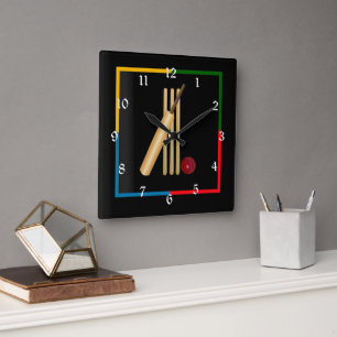 Cricket, wicket, bat and ball, square wall clock
