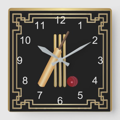 Cricket wicket bat and ball with gold frame square wall clock