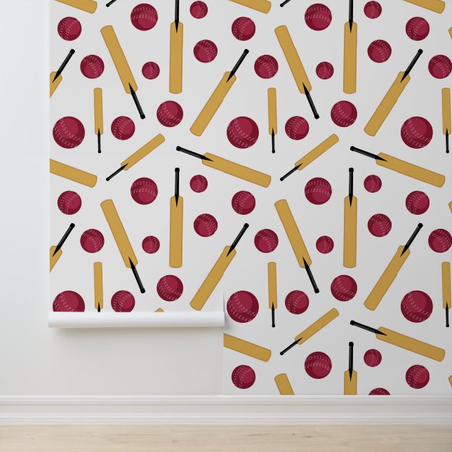 Cricketer Cricket Bats and Balls Patterned Wallpaper (Application)