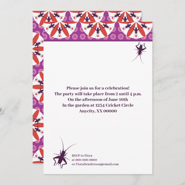 Crickets and Flowers Purple Red Invitation (Front/Back)
