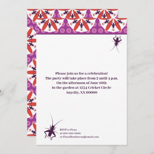 Crickets and Flowers Purple Red Invitation