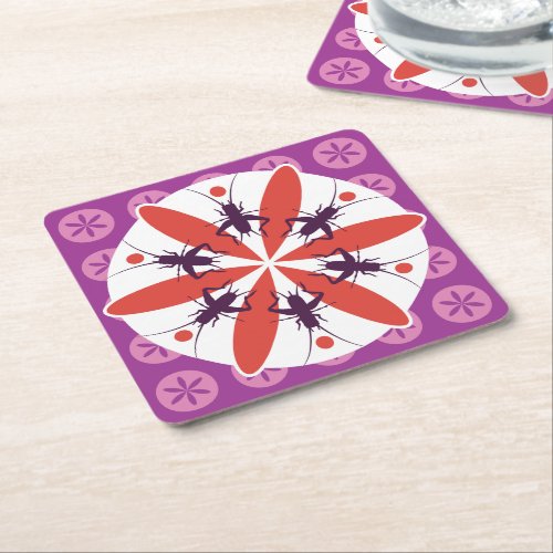 Crickets and Flowers Purple Red Square Paper Coaster