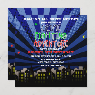 Crime Fighting Adventure Super Hero Birthday Party Invitation