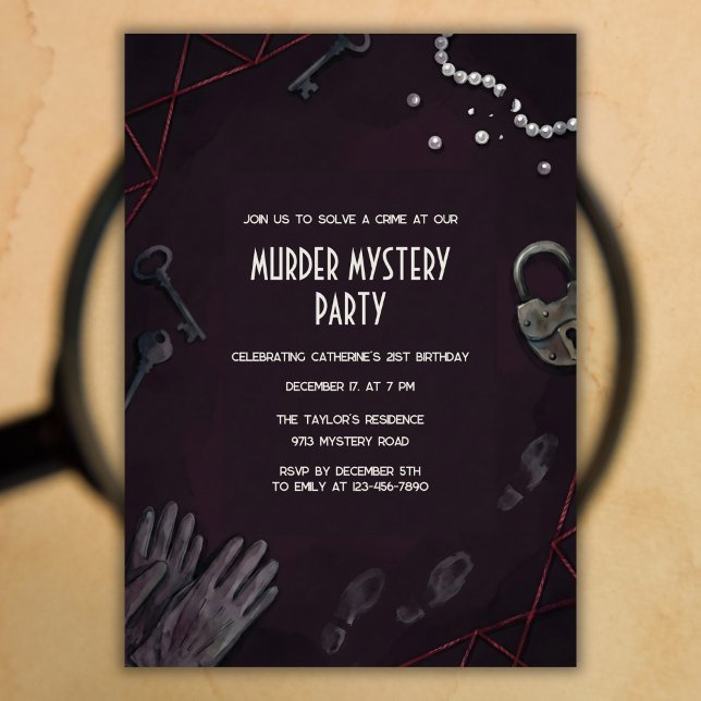 Crime Scene Murder Mystery Birthday Party Invitation (Murder Mystery Birthday – Noir Crime Scene, Keys & Pearls, Personalized)