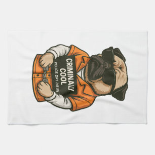 Criminally Cool Pug � Funny Mugshot Dog Design Kitchen Towel