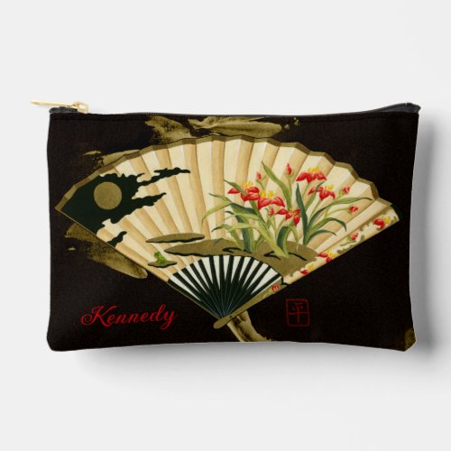 Crimped Oriental Fan with Floral Design Accessory Pouch
