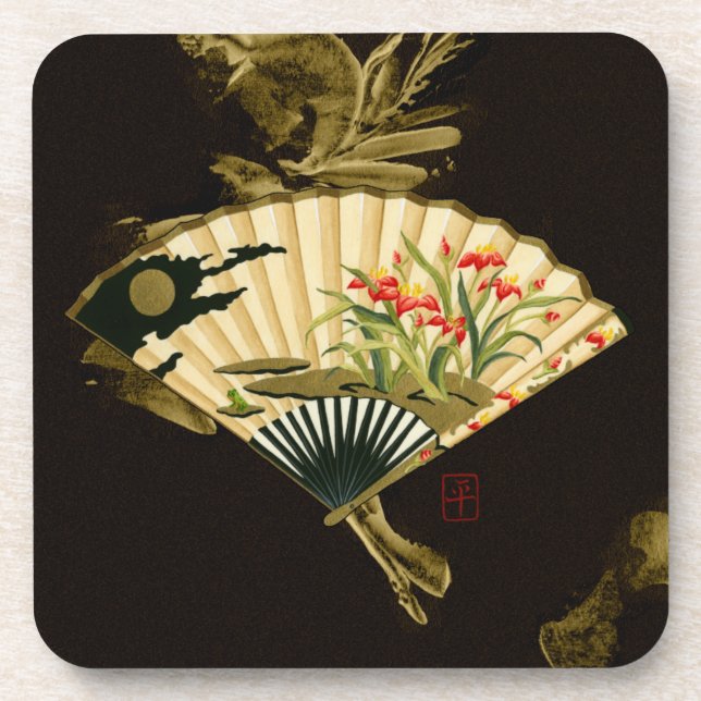 Crimped Oriental Fan with Floral Design Beverage Coaster (Front)