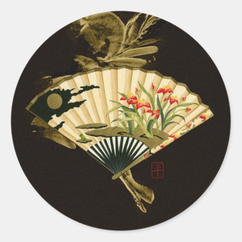 Crimped Oriental Fan with Floral Design Classic Round Sticker