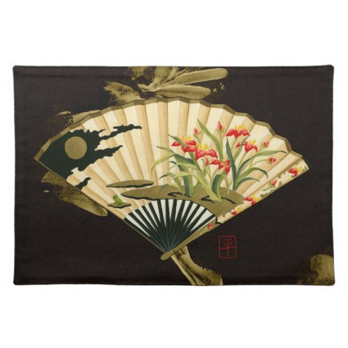 Crimped Oriental Fan with Floral Design Cloth Placemat