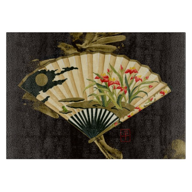 Crimped Oriental Fan with Floral Design Cutting Board (Front)