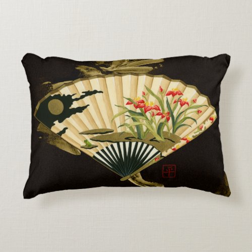 Crimped Oriental Fan with Floral Design Decorative Pillow