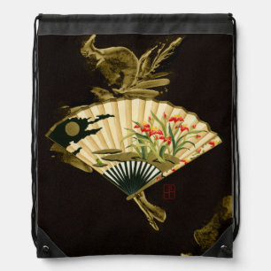 Crimped Oriental Fan with Floral Design Drawstring Bag