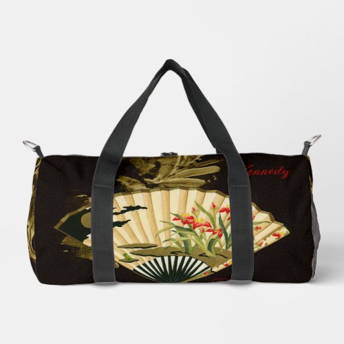 Crimped Oriental Fan with Floral Design Duffle Bag