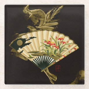 Crimped Oriental Fan with Floral Design Glass Coaster