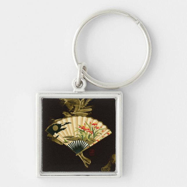 Crimped Oriental Fan with Floral Design Keychain (Front)