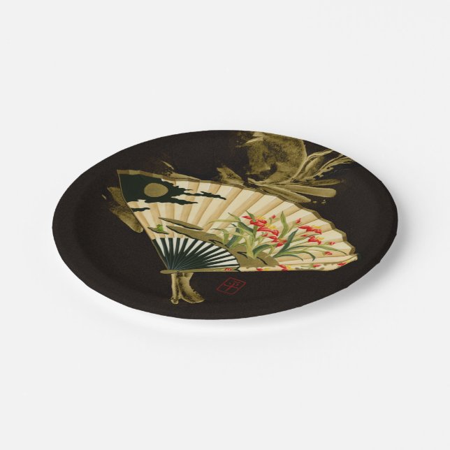 Crimped Oriental Fan with Floral Design Paper Plates (Angled)