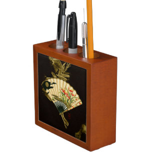 Crimped Oriental Fan with Floral Design Pencil/Pen Holder