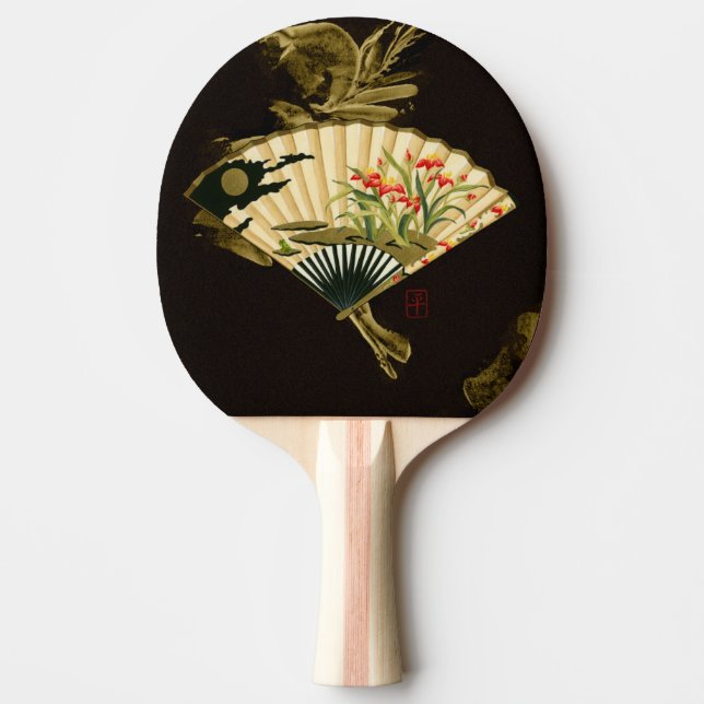 Crimped Oriental Fan with Floral Design Ping-Pong Paddle (Front)