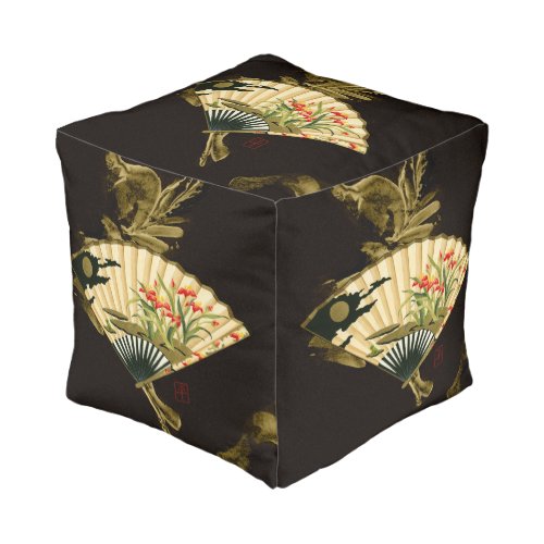 Crimped Oriental Fan with Floral Design Pouf