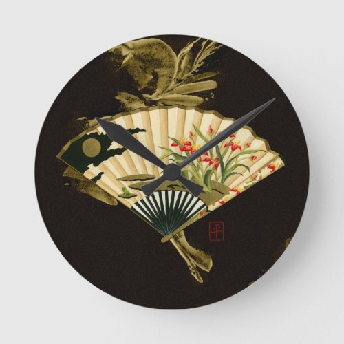 Crimped Oriental Fan with Floral Design Round Clock