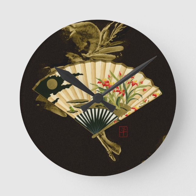 Crimped Oriental Fan with Floral Design Round Clock (Front)