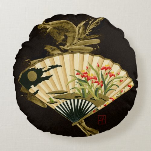 Crimped Oriental Fan with Floral Design Round Pillow