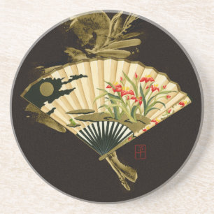 Crimped Oriental Fan with Floral Design Sandstone Coaster