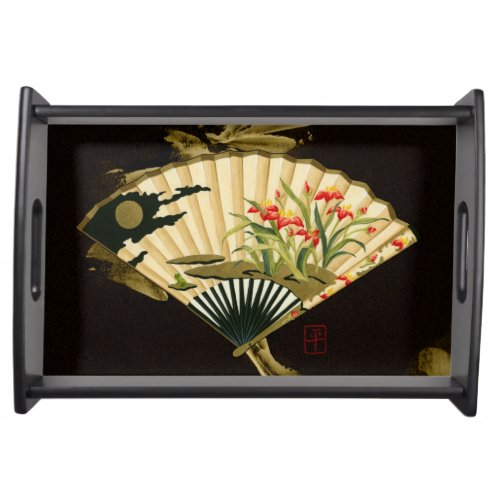 Crimped Oriental Fan with Floral Design Serving Tray