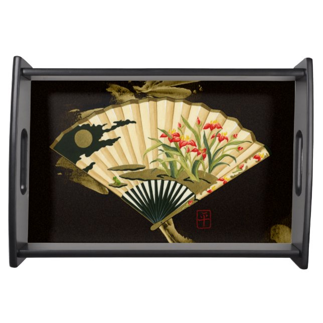 Crimped Oriental Fan with Floral Design Serving Tray (Front)