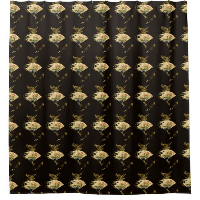 Crimped Oriental Fan with Floral Design Shower Curtain (Front)