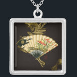 Crimped Oriental Fan with Floral Design Silver Plated Necklace<br><div class="desc">Painting of a crimped oriental fan with a floral design. The black background lets the colors on the fan pop off the print. Hang this on your wall and enjoy!</div>