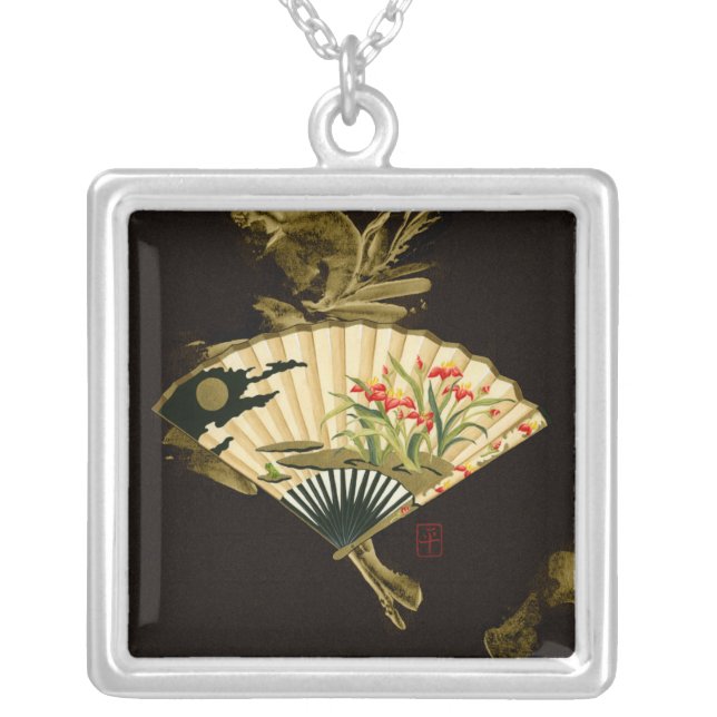 Crimped Oriental Fan with Floral Design Silver Plated Necklace (Front)
