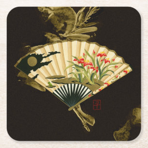 Crimped Oriental Fan with Floral Design Square Paper Coaster