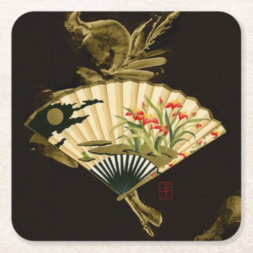 Crimped Oriental Fan with Floral Design Square Paper Coaster