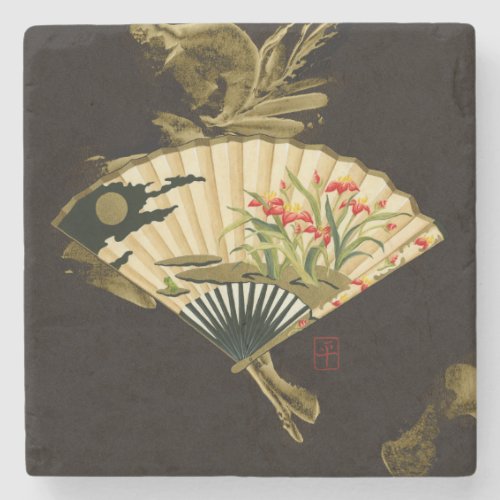 Crimped Oriental Fan with Floral Design Stone Coaster