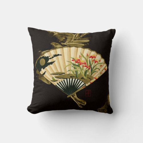 Crimped Oriental Fan with Floral Design Throw Pillow