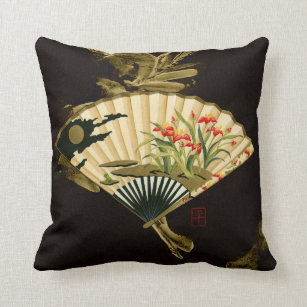 Crimped Oriental Fan with Floral Design Throw Pillow