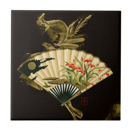 Crimped Oriental Fan with Floral Design Tile