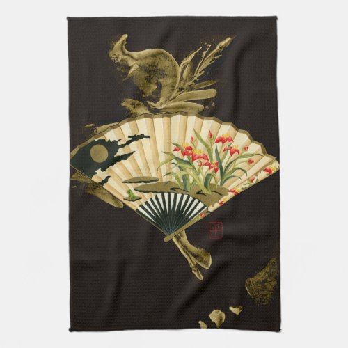 Crimped Oriental Fan with Floral Design Towel