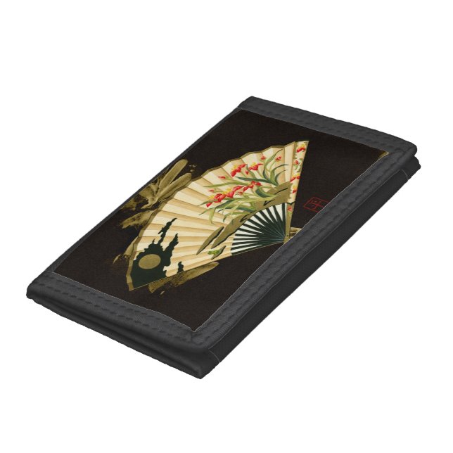 Crimped Oriental Fan with Floral Design Tri-fold Wallet (Bottom)