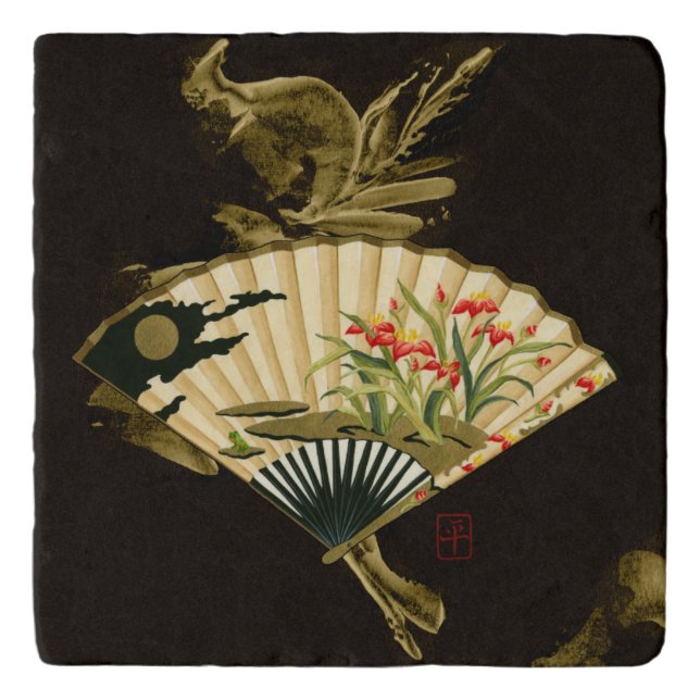 Crimped Oriental Fan with Floral Design Trivet (Front)