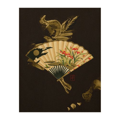 Crimped Oriental Fan with Floral Design Wood Wall Art