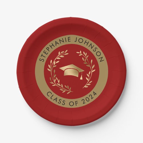 Crimson and Gold Class of 2024 Graduation Party Paper Plates