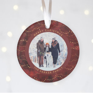 Crimson and Gold Fairy Lights   Two Family Photos Ornament