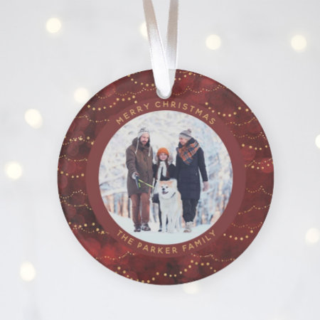 Crimson And Gold Fairy Lights | Two Family Photos Ornament