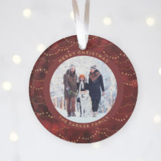 Crimson And Gold Fairy Lights | Two Family Photos Ornament at Zazzle